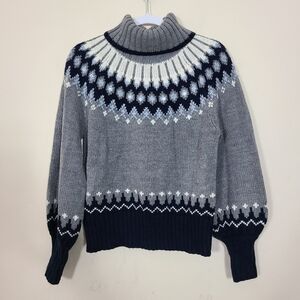 a.n.a. Blue Gray Womens L Fair Isles Sweater Chunky Knit Winter Casual Cozy Chic